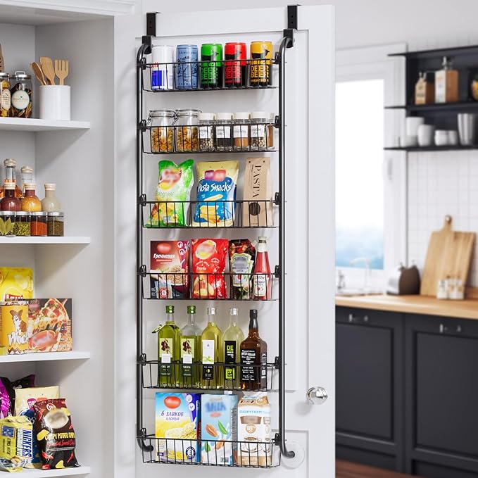 Vertical 6-tier pantry organizer and fruit rack in minimalist black metal for home storage